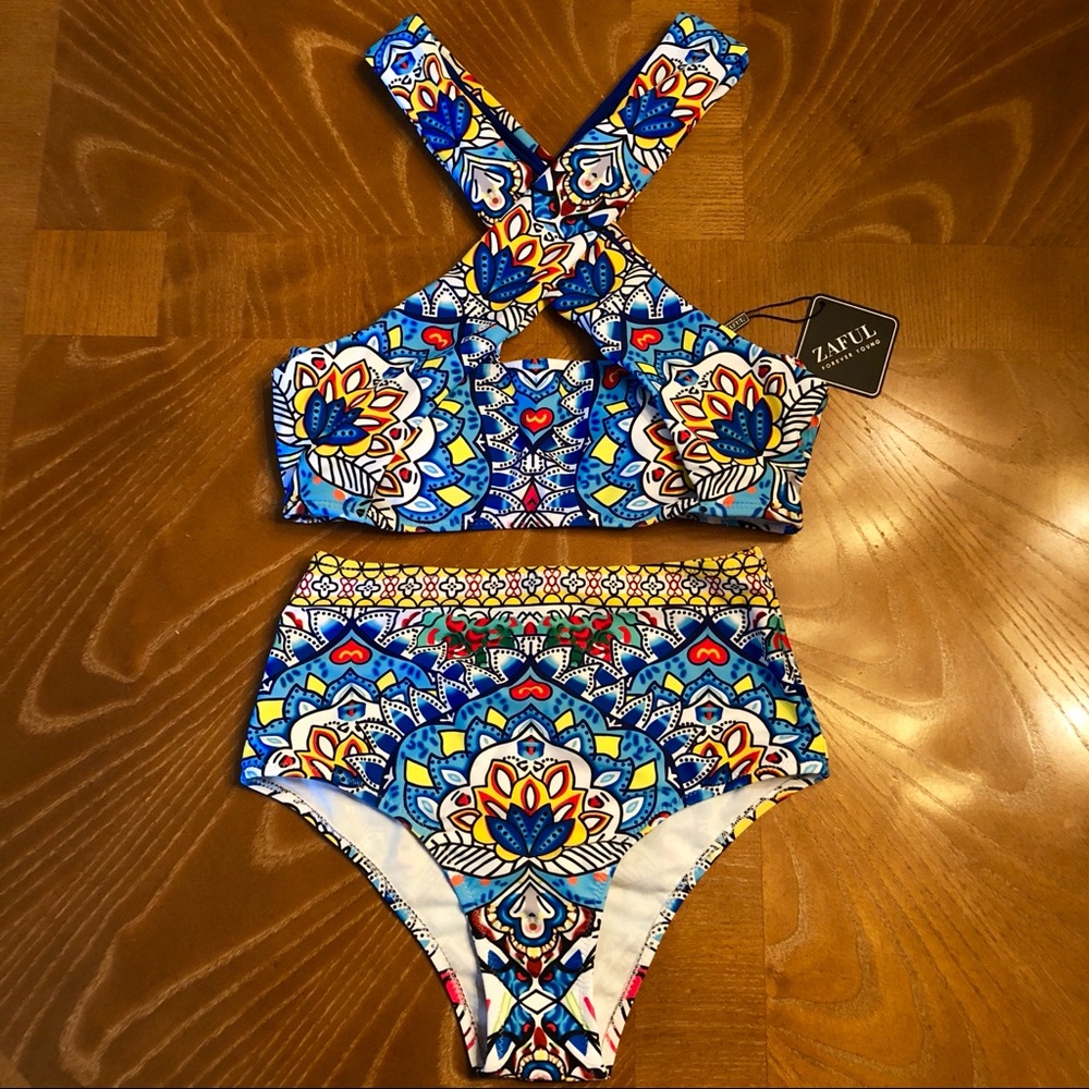 Zaful Mandala Print Crossover High Waisted Bikini